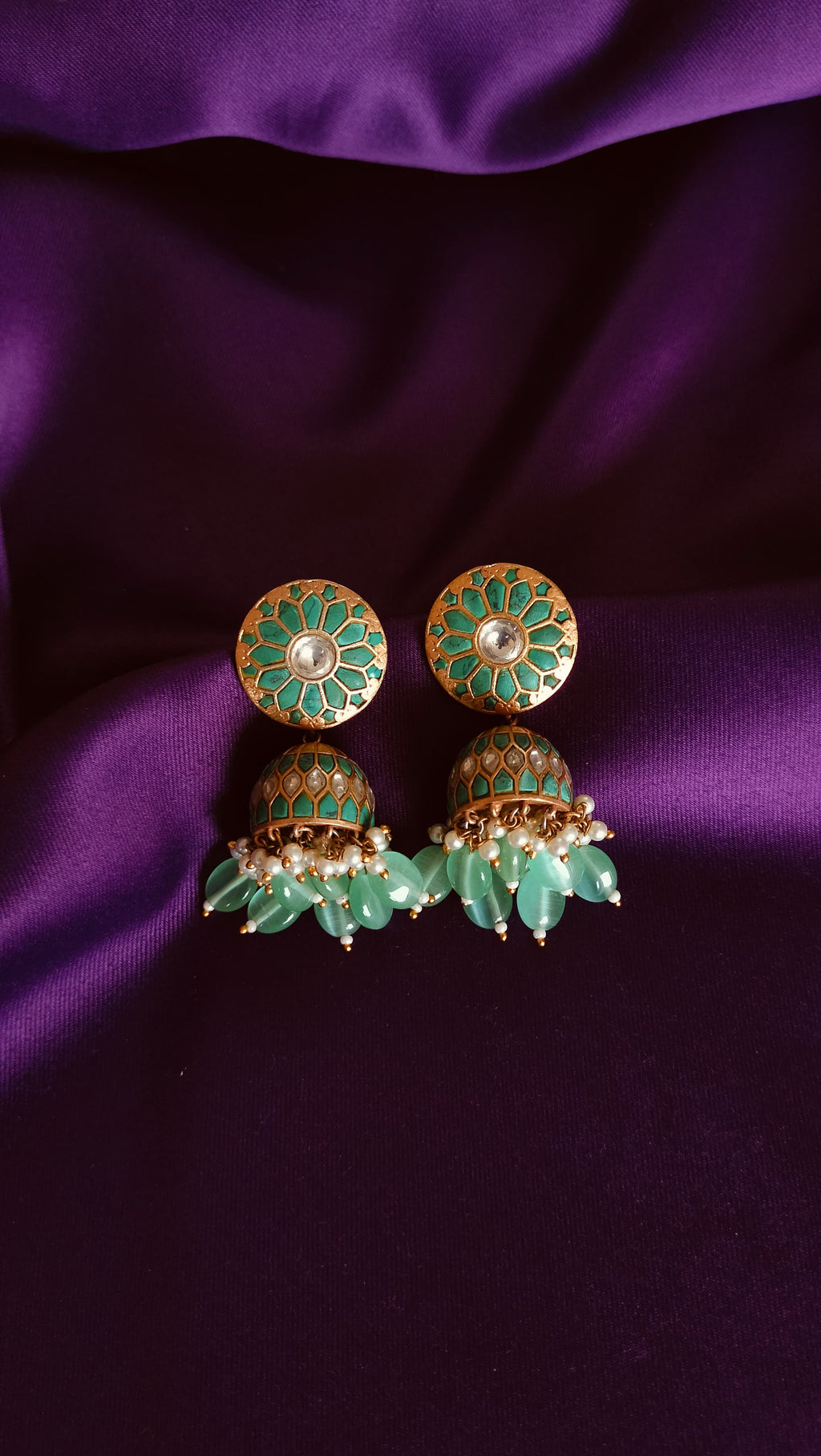 Teal Meenakari Kundan Jhumka Earrings