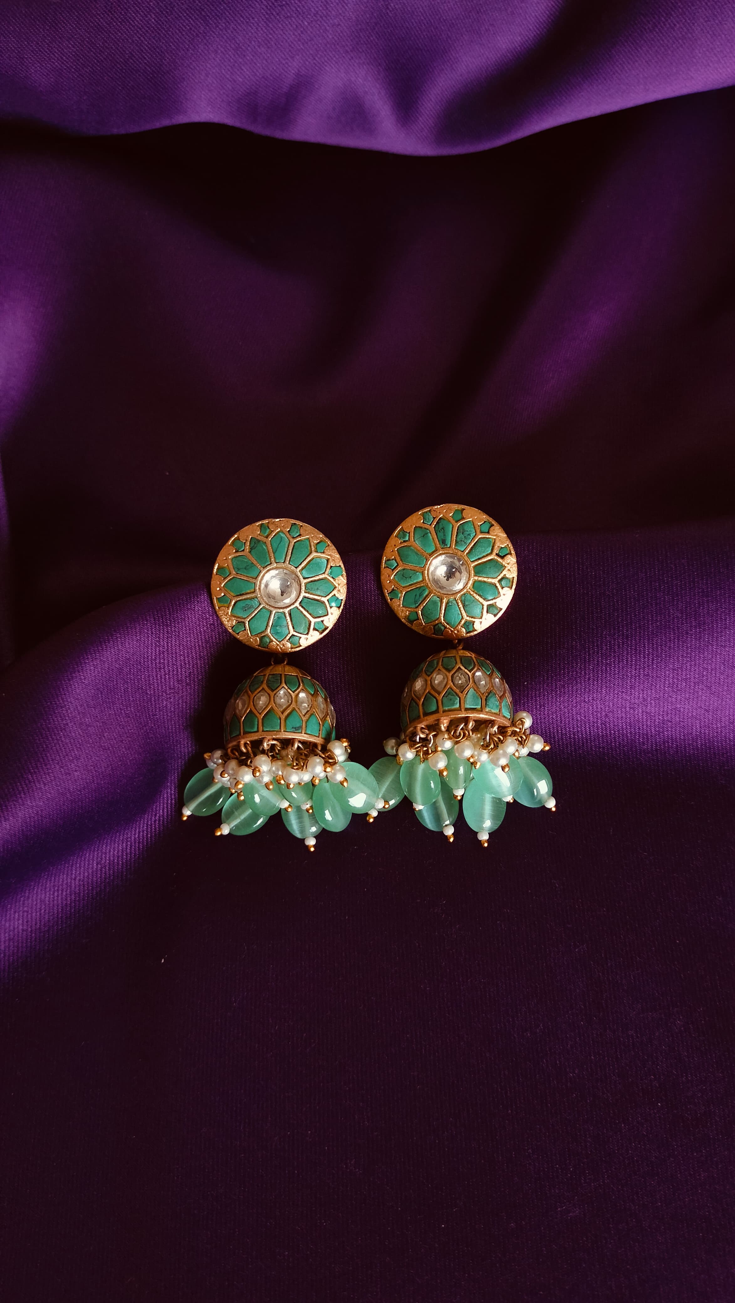 Teal Meenakari Kundan Jhumka Earrings
