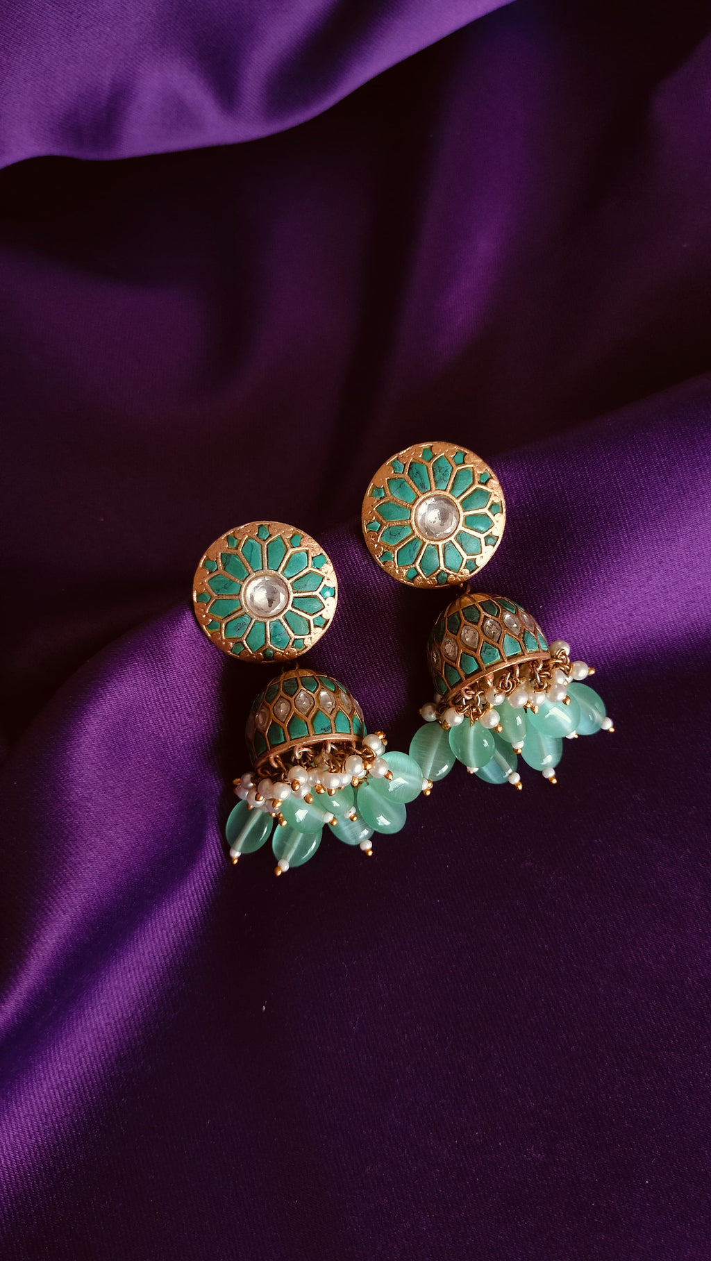 Teal Meenakari Kundan Jhumka Earrings