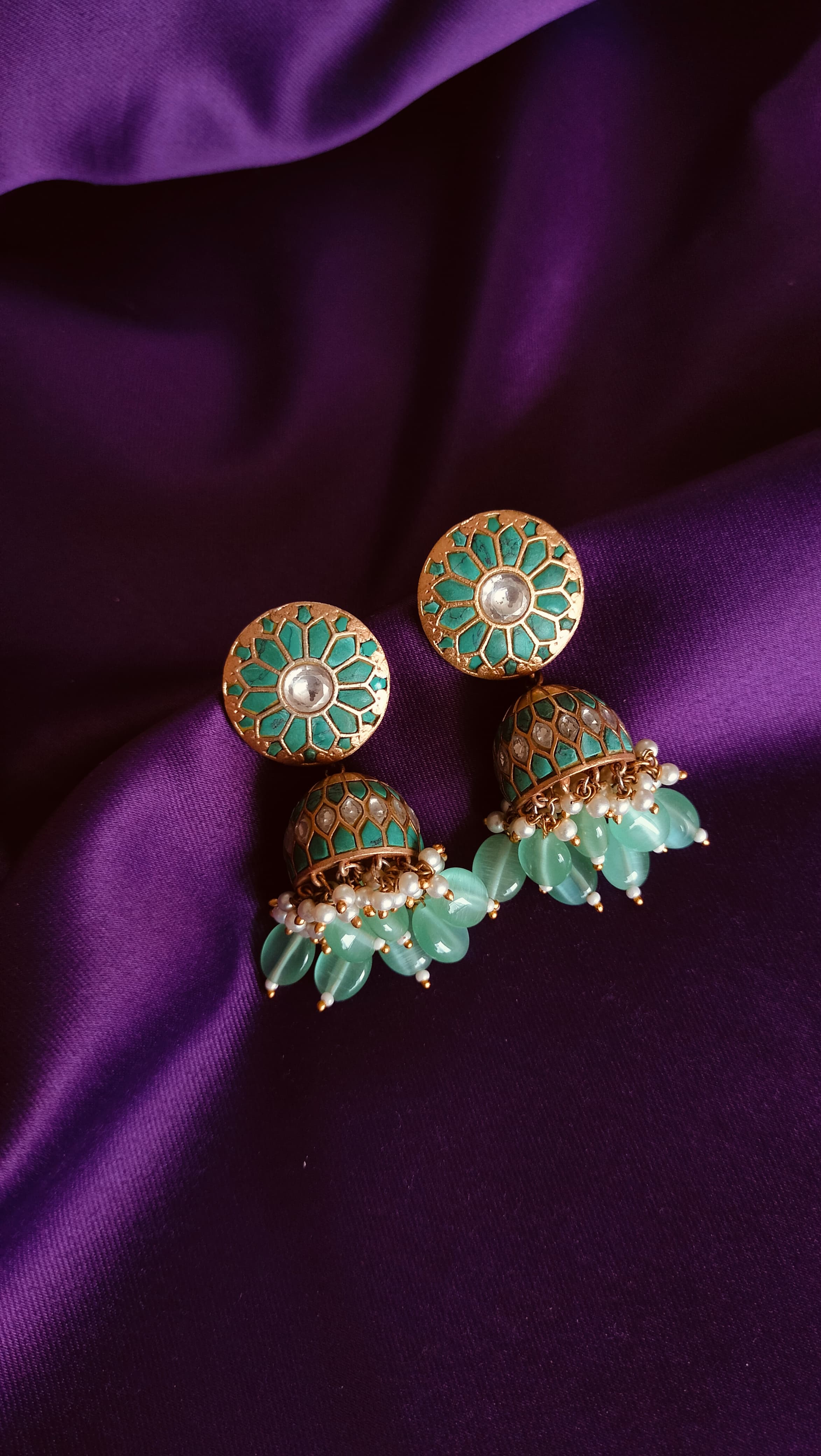 Teal Meenakari Kundan Jhumka Earrings