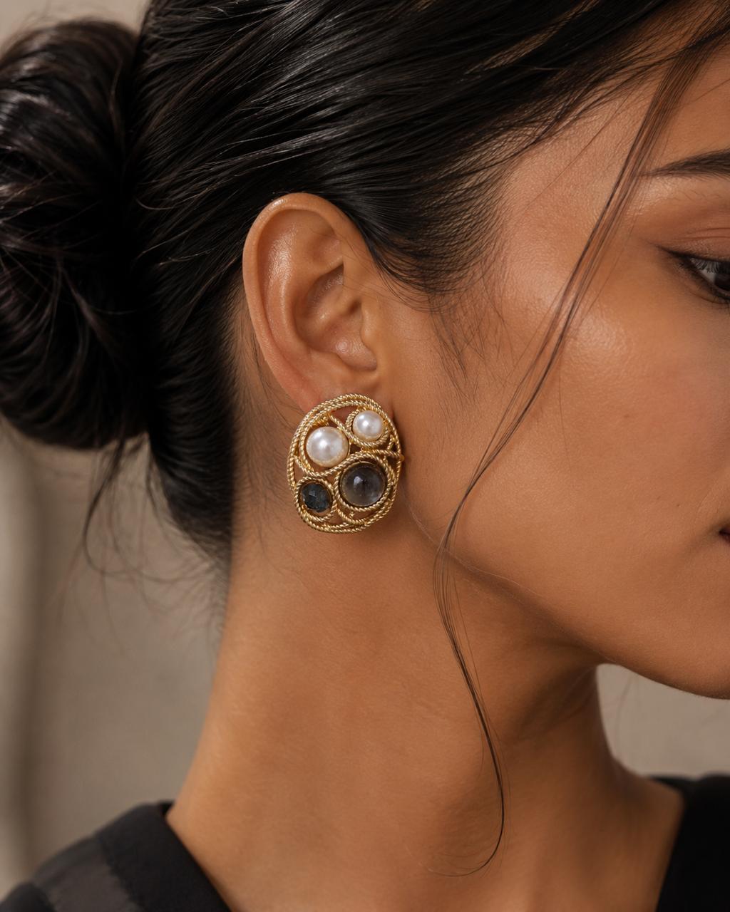 Pearl & Onyx Gold Rope Stud Earrings