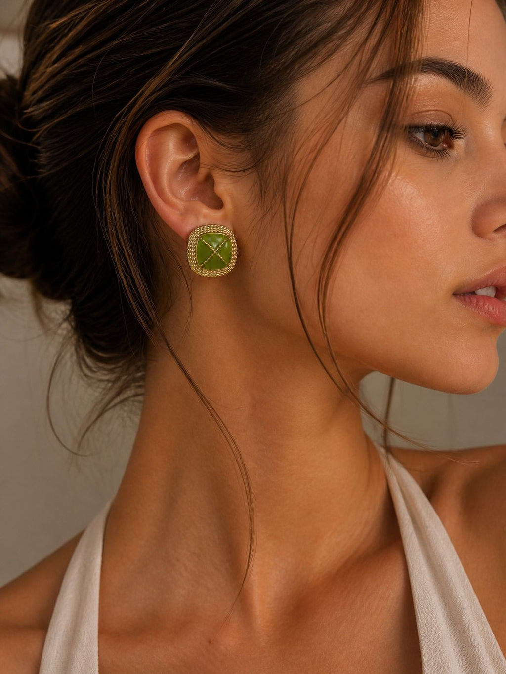 Olive Quilted Gold Chain Stud Earrings