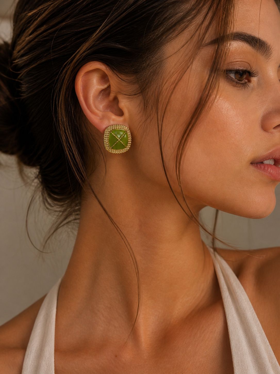 Olive Quilted Gold Chain Stud Earrings