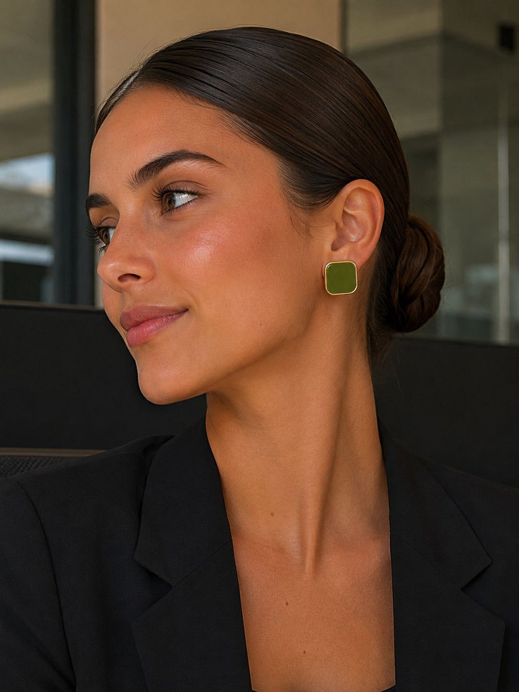Olive Square Enamel Stud Earrings