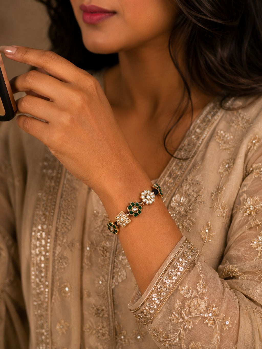 Emerald Kundan Floral Link Bracelet