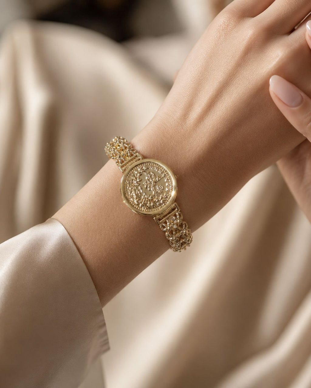 Gold Plated Floral Coin Medallion Chain Bracelet