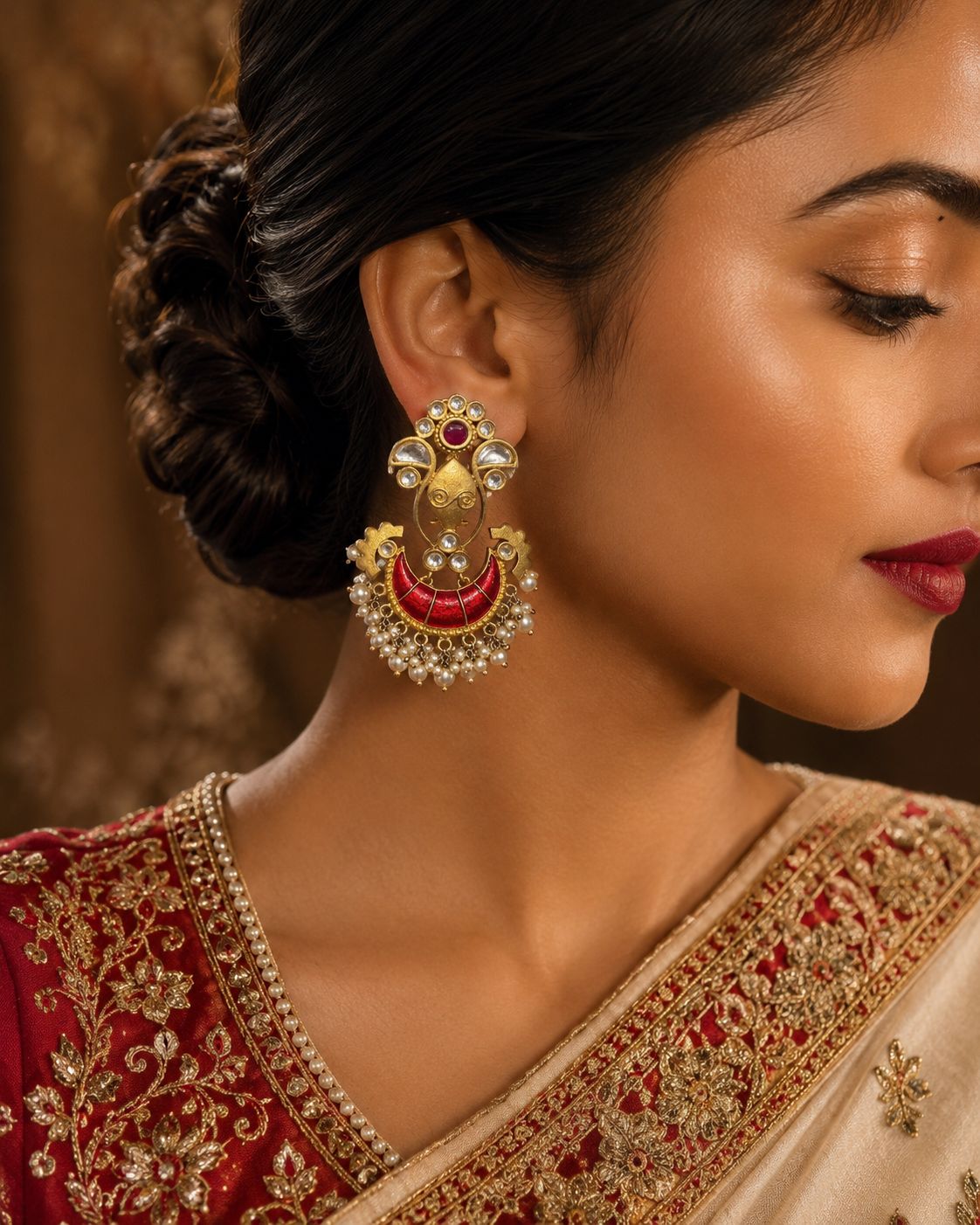 Ruby Kundan Chandbali Pearl Drop Earrings