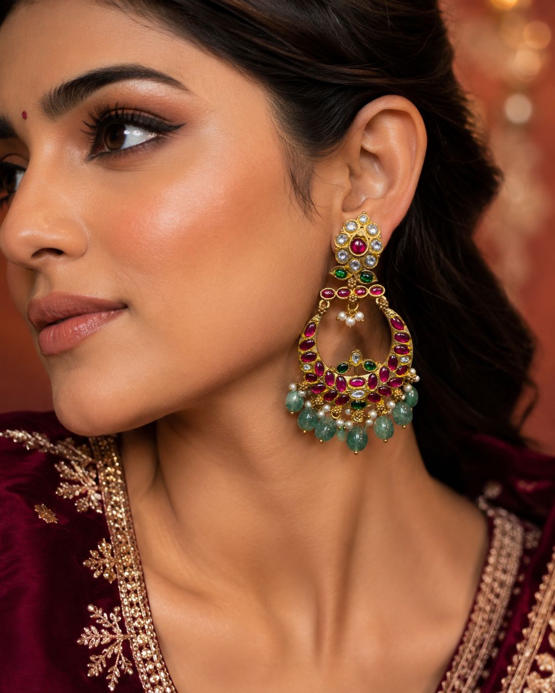 Ruby Emerald Kundan Chandbali with Jade Drops