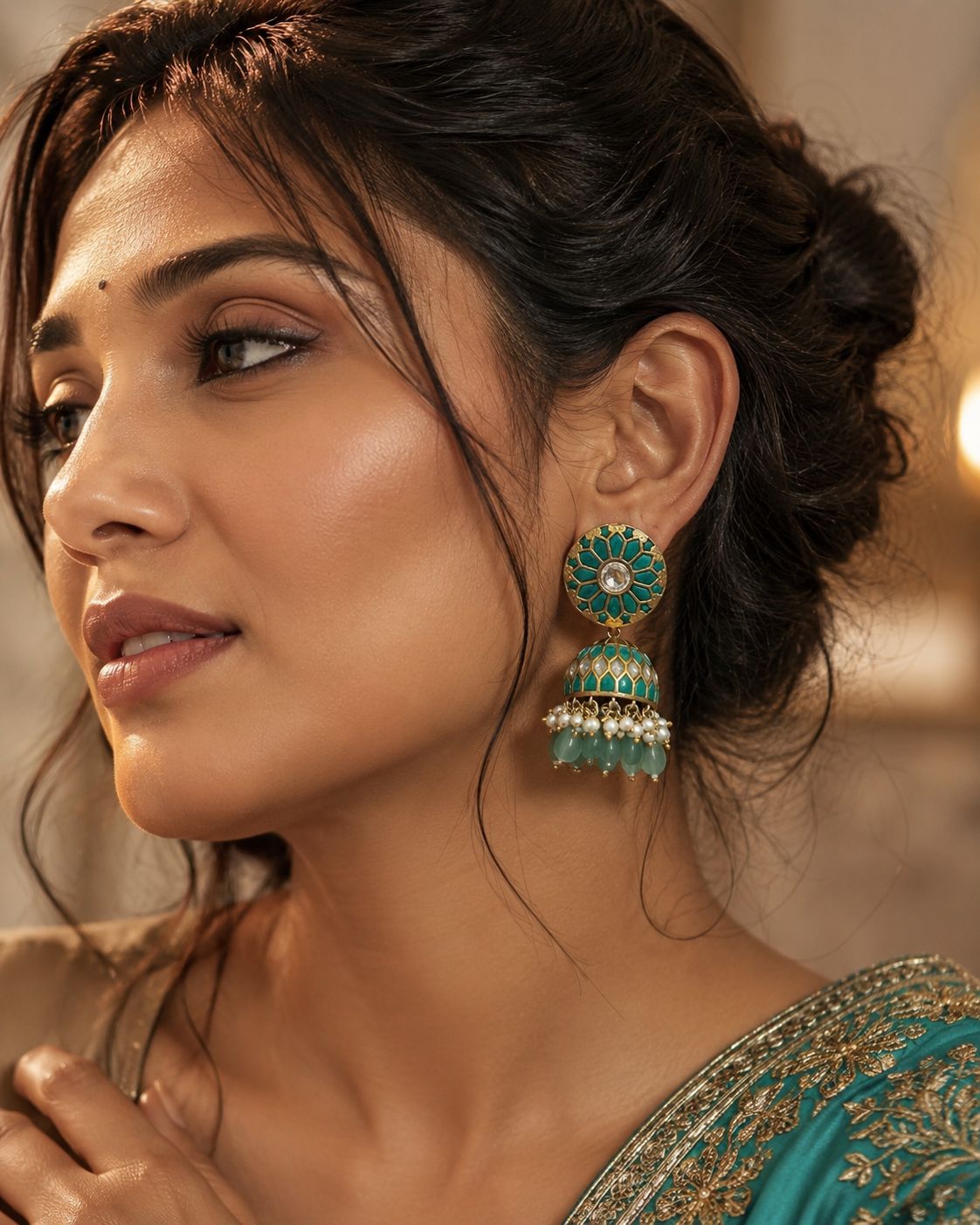 Teal Meenakari Kundan Jhumka Earrings