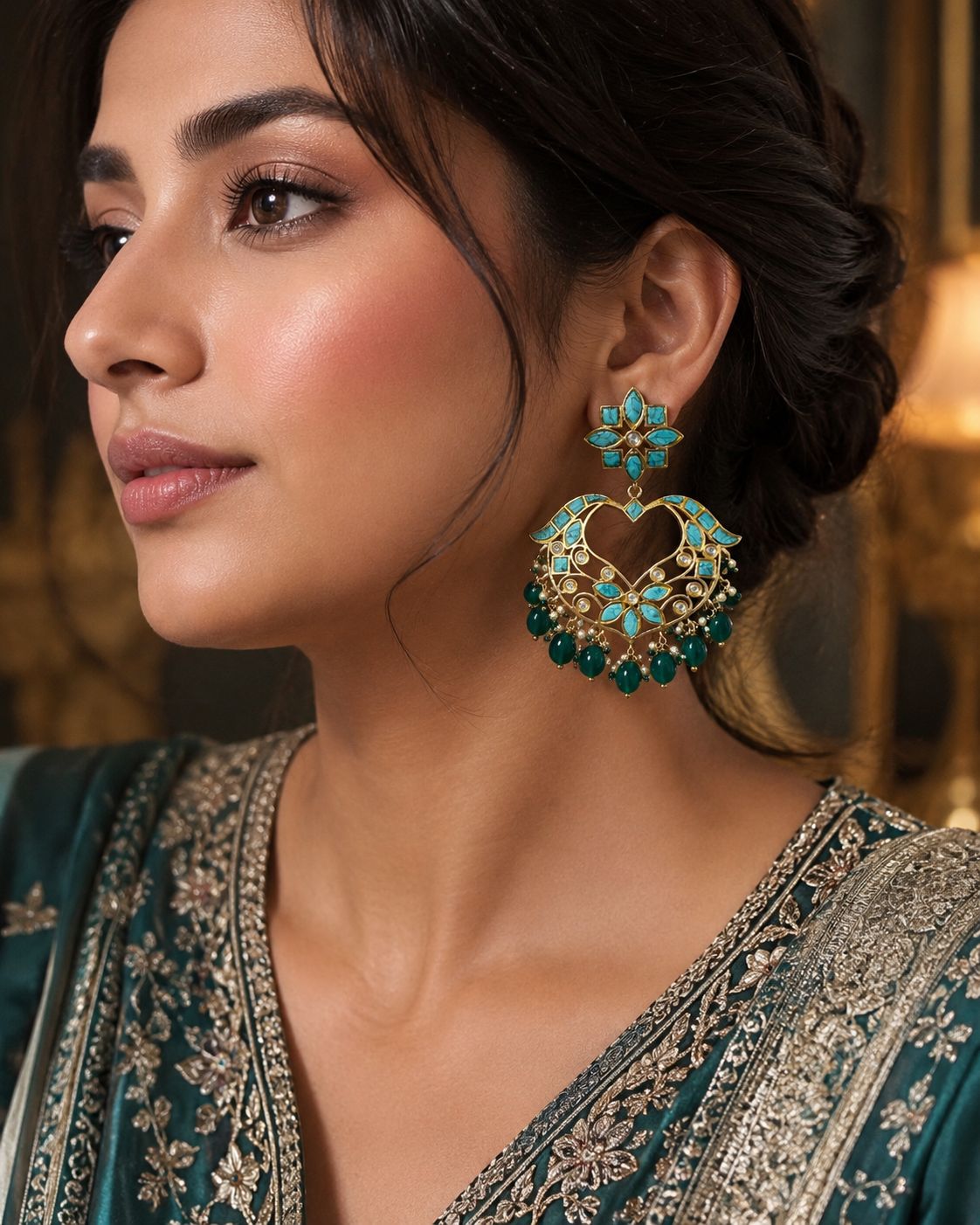Turquoise Heart Chandbali with Emerald Drops