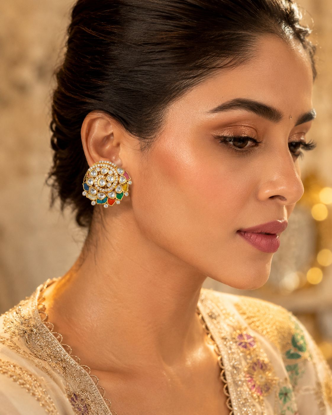 Navratna Kundan Multicolour Floral Stud Earrings