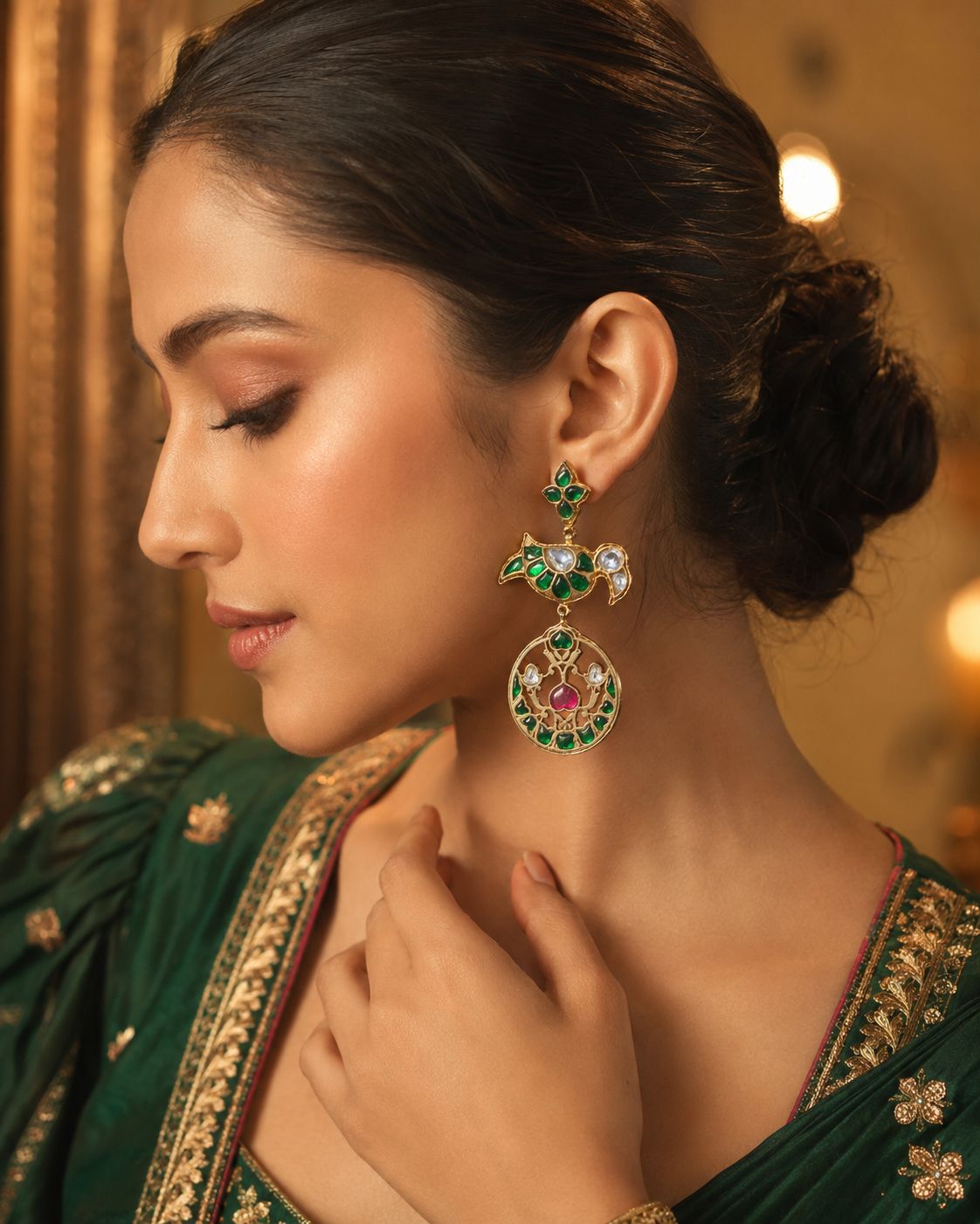 Emerald Peacock Kundan Chandelier Drop Earrings