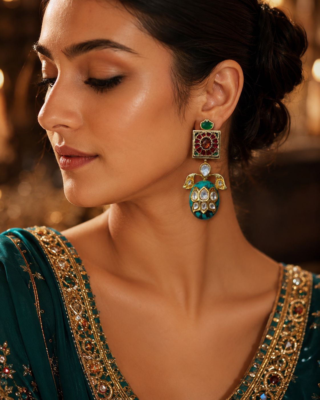 Ruby Mandala Teal Kundan Drop Earrings