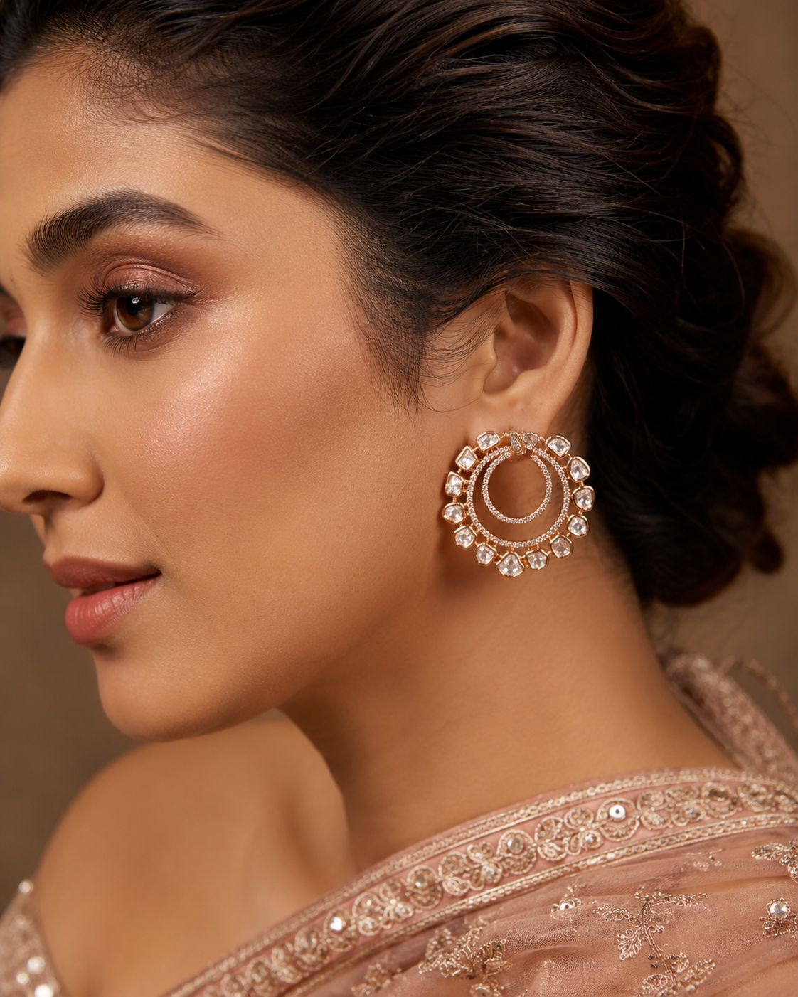 Rose Gold Double Hoop Polki Chandbali Earrings