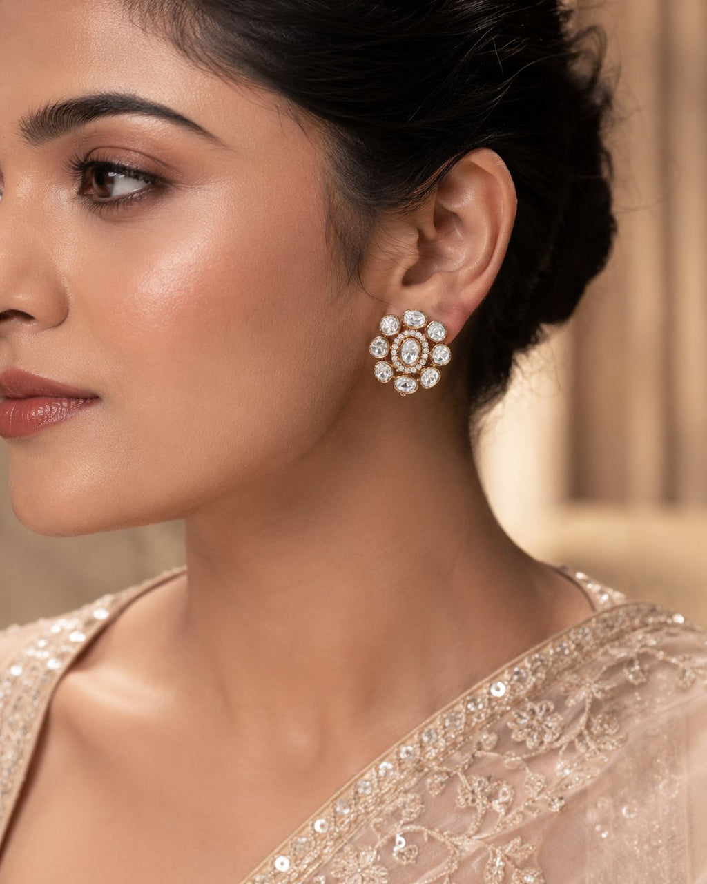 Polki Diamond Floral Cluster Stud Earrings