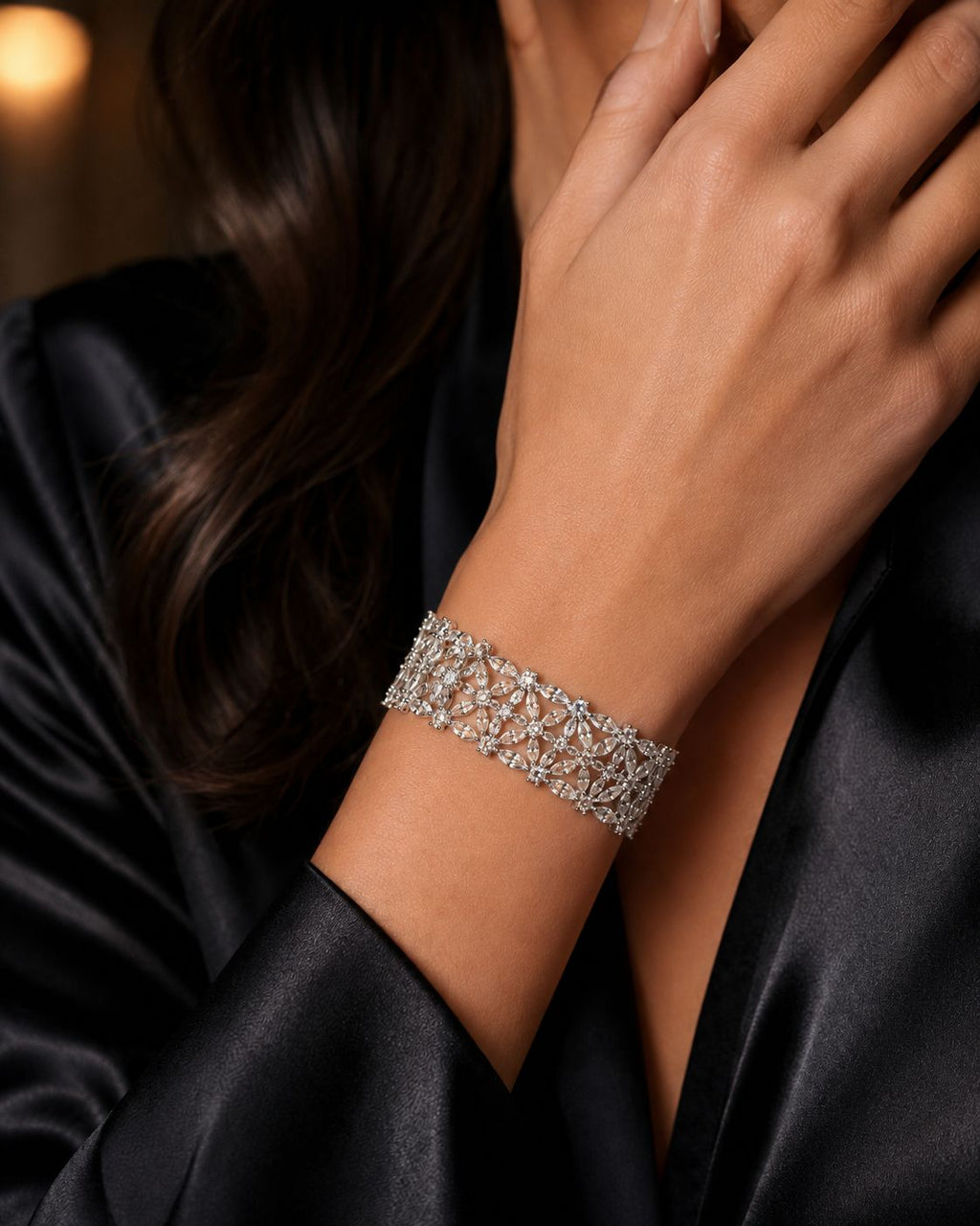 Marquise Crystal Floral Lace Cuff Bracelet