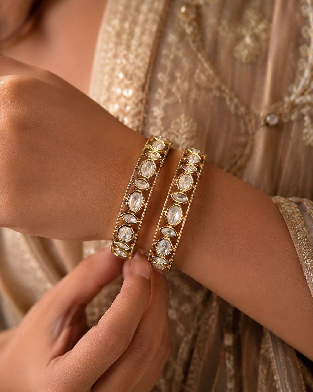 Marquise Polki Gold Bangle — Set of 2