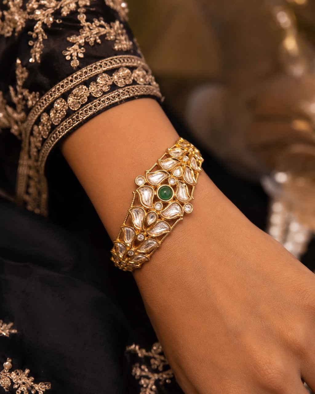 Emerald Centre Polki Floral Cuff Bangle